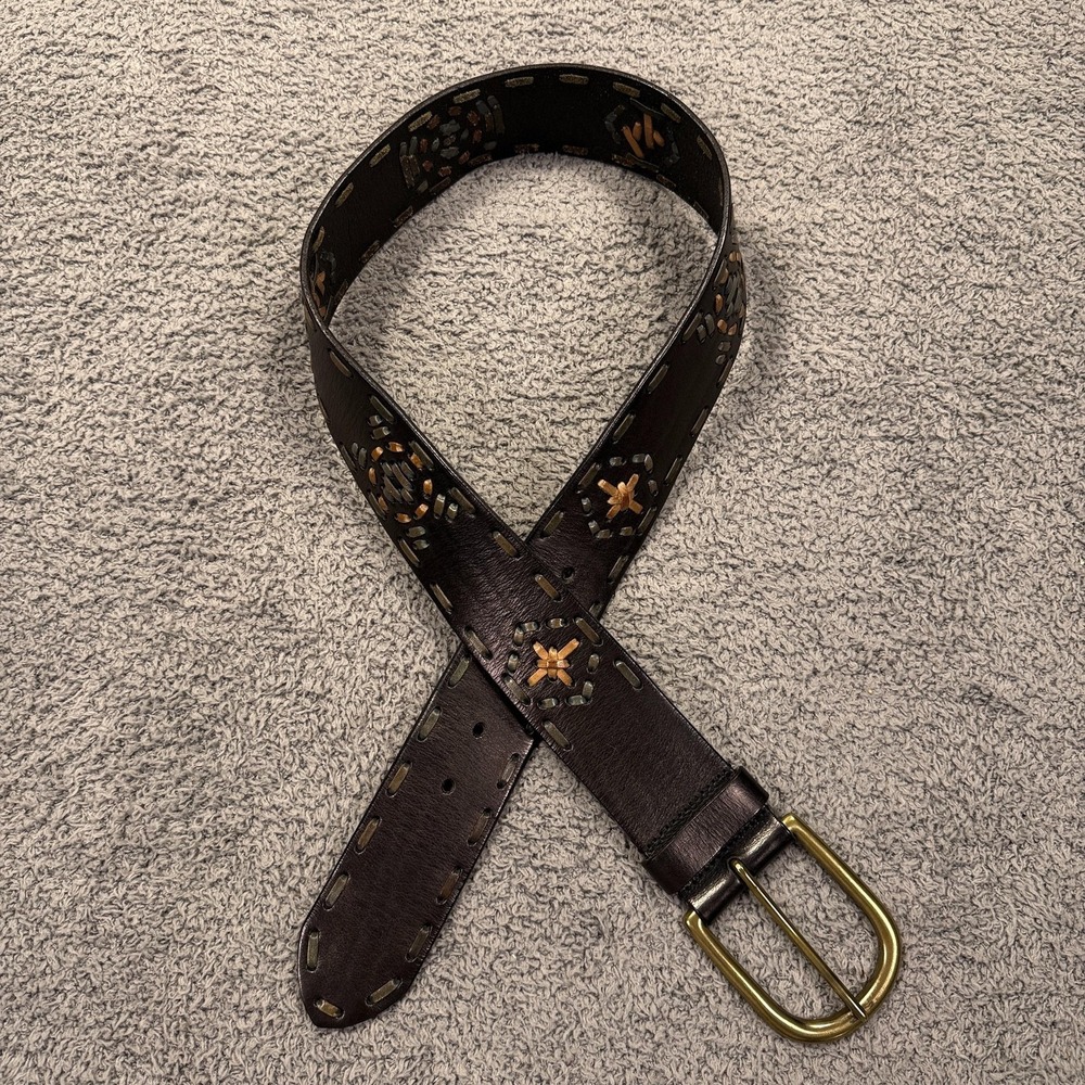 Linea Pelle Belt Womens Small Brown Cutout Inlay Leather Brass‎ Buckle Boho